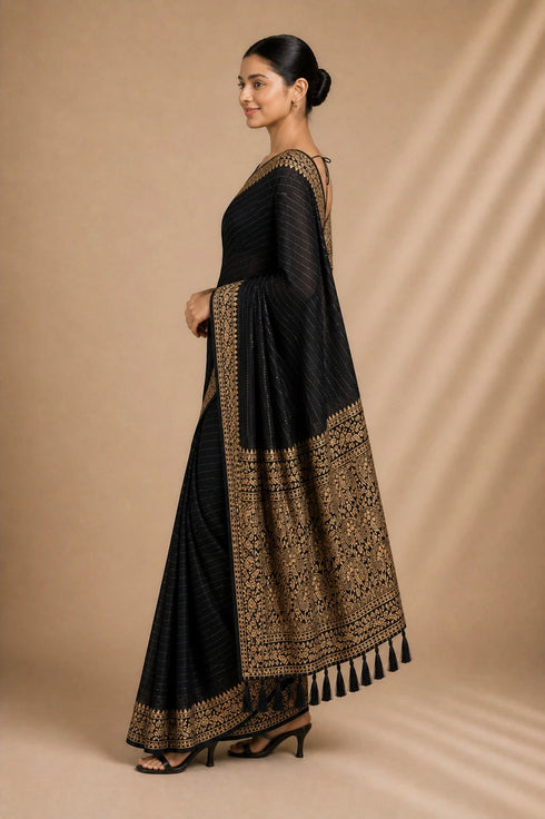Black Chiffon Saree With Blouse - Close-up View | Samyak Fashion