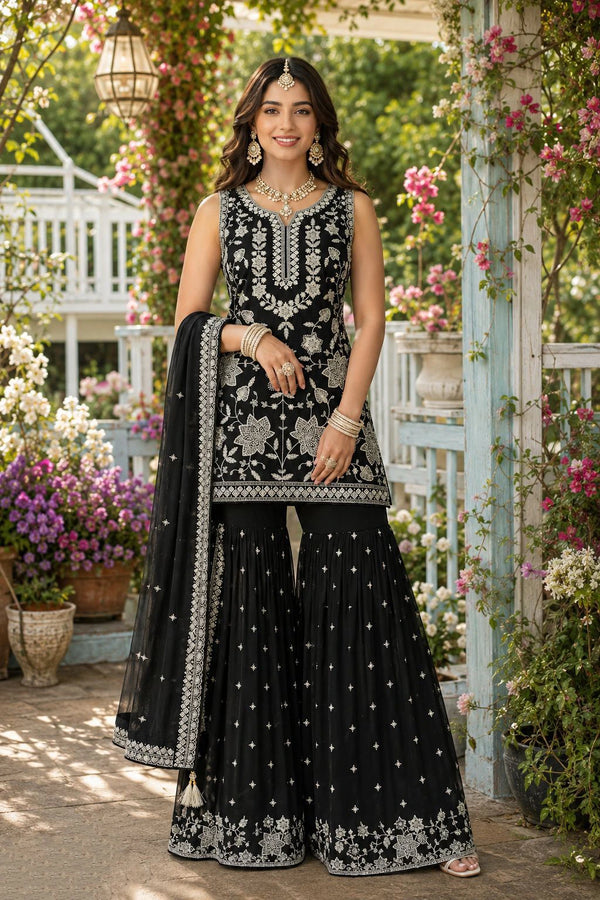 Black Chiffon Sharara - Front View | Samyak Fashion