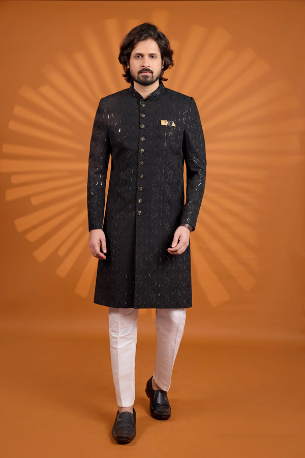 Black Computer Thread Work On Georgette Mens Premium Men's Sherwani - Front View | Samyak Fashion