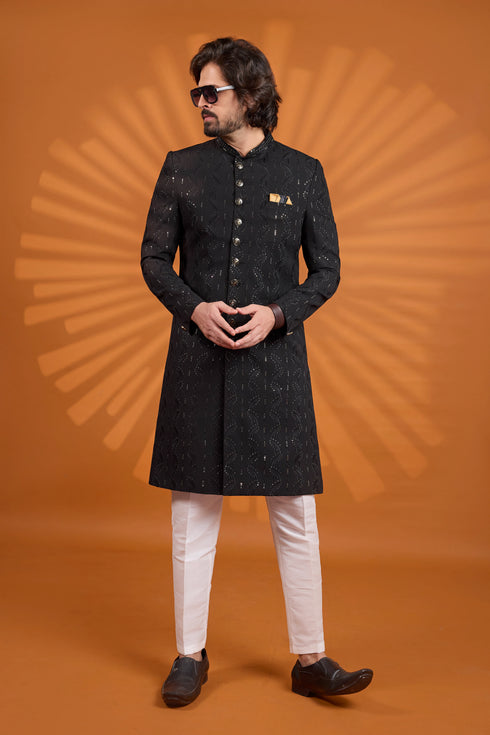 Black Computer Thread Work On Georgette Mens Premium Men's Sherwani - Back View | Samyak Fashion
