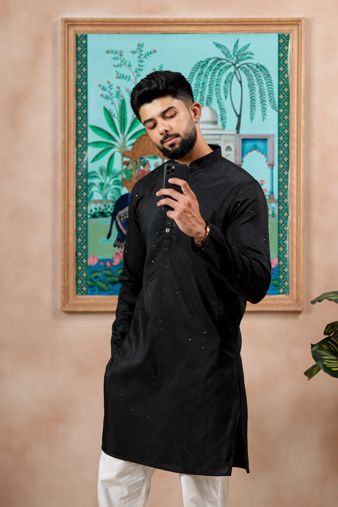 Black Cotton Mens Kurta With Payjama - Side View | Samyak Fashion