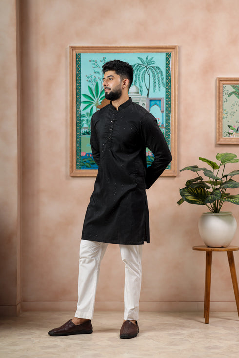 Black Cotton Mens Kurta With Payjama - Detail View | Samyak Fashion