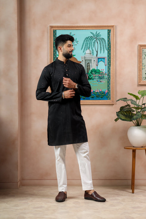 Black Cotton Mens Kurta With Payjama - Close-up View | Samyak Fashion