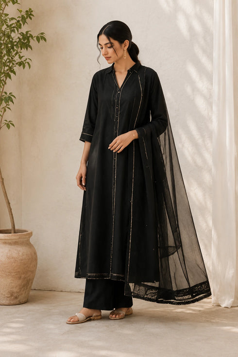 Black Cotton Salwar Suit - Front View | Samyak Fashion