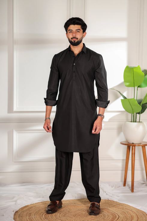 Black Cotton Satin Mens Pathani Kurta With Payjama - Front View | Samyak Fashion