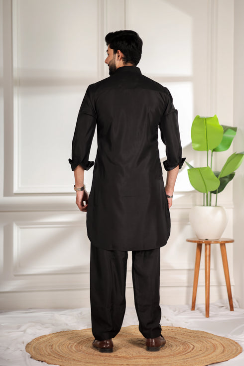 Black Cotton Satin Mens Pathani Kurta With Payjama - Back View | Samyak Fashion
