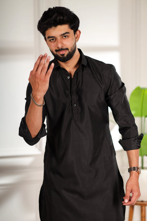 Black Cotton Satin Mens Pathani Kurta With Payjama - Side View | Samyak Fashion