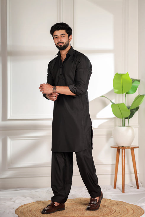 Black Cotton Satin Mens Pathani Kurta With Payjama - Detail View | Samyak Fashion