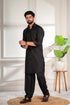 Black Cotton Satin Mens Pathani Kurta With Payjama - Detail View | Samyak Fashion