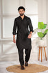 Black Cotton Satin Mens Pathani Kurta With Payjama - Close-up View | Samyak Fashion