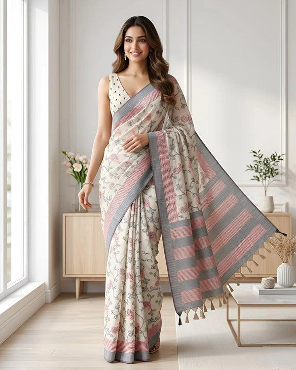 Black Cotton Silk Saree With Blouse - Front View | Samyak Fashion