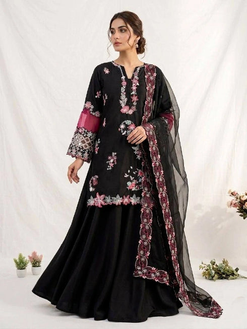 Black Crape Silk Salwar Suit - Front View | Samyak Fashion