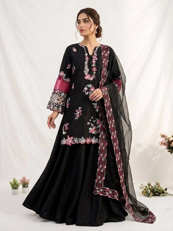 Black Crape Silk Salwar Suit - Front View | Samyak Fashion