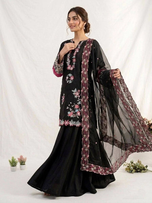 Black Crape Silk Salwar Suit - Back View | Samyak Fashion