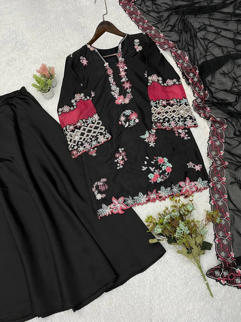 Black Crape Silk Salwar Suit - Close-up View | Samyak Fashion