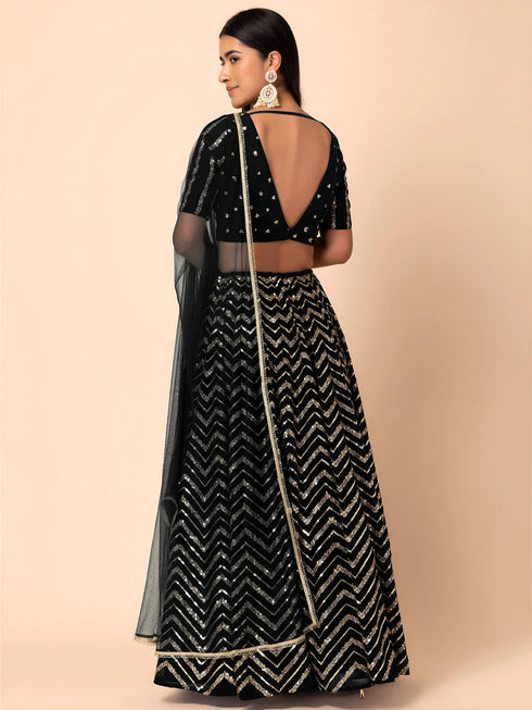 Black Georgette Lehenga Choli - Back View | Samyak Fashion
