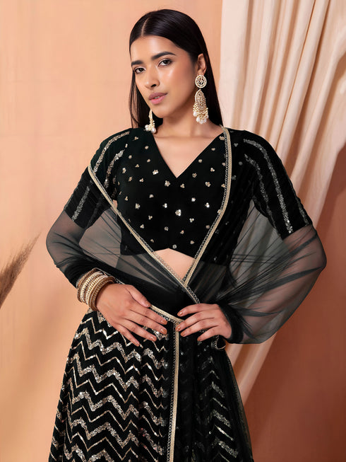 Black Georgette Lehenga Choli - Side View | Samyak Fashion