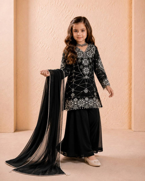 Black Heavy Fox Georgette Kid's Salwar Suit - Side View | Samyak Fashion