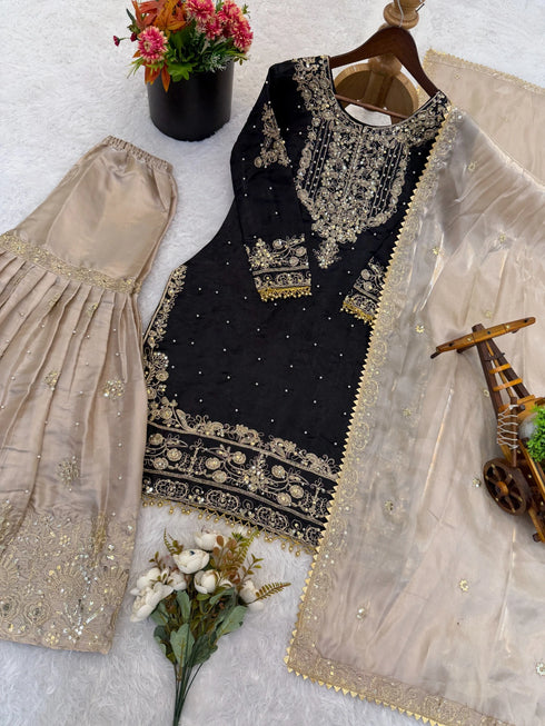 Black Heavy Gmy Silk Elegant Salwar Suit - Detail View | Samyak Fashion
