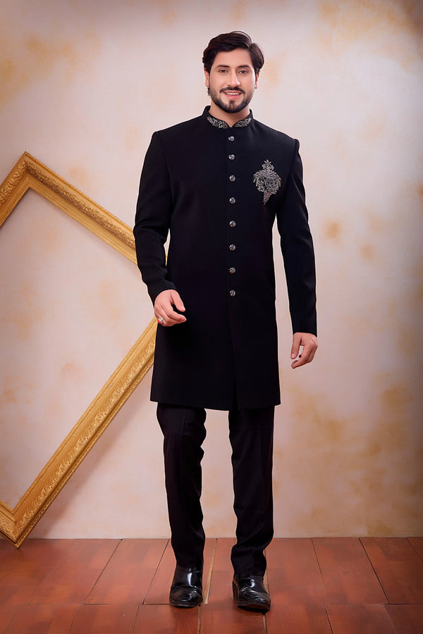 Black Imported Lachka Fabric Mens Premium Men's Indo Western - Front View | Samyak Fashion