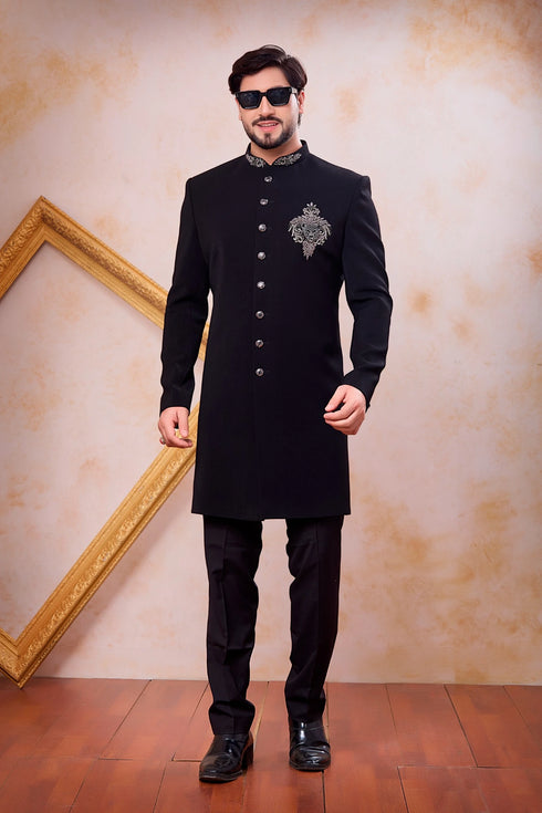 Black Imported Lachka Fabric Mens Premium Men's Indo Western - Back View | Samyak Fashion