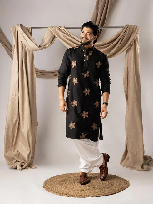 Black Linen Mens Kurta With Payjama - Front View | Samyak Fashion