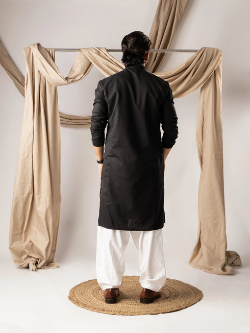 Black Linen Mens Kurta With Payjama - Back View | Samyak Fashion