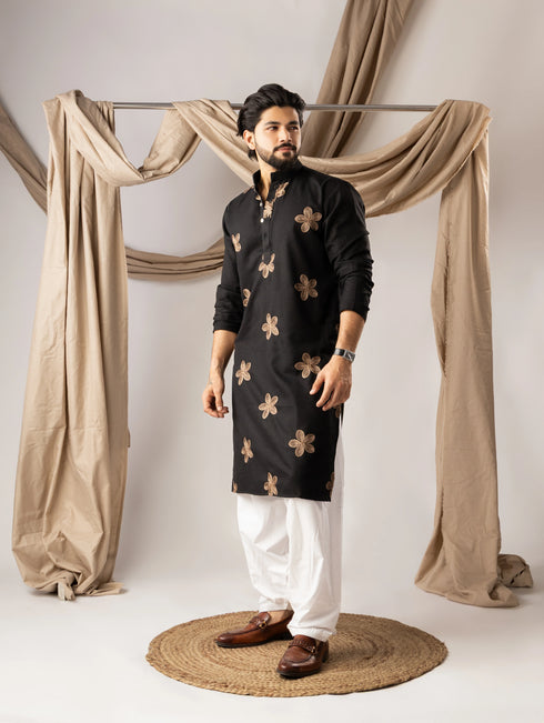 Black Linen Mens Kurta With Payjama - Detail View | Samyak Fashion
