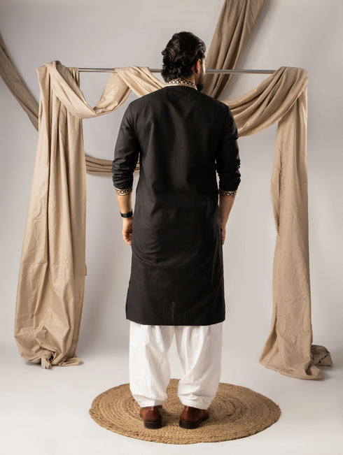 Black Linen Mens Kurta With Payjama - Back View | Samyak Fashion