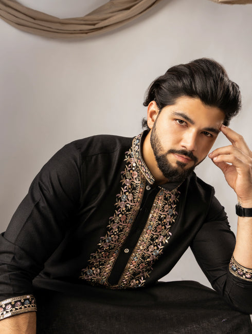 Black Linen Mens Kurta With Payjama - Side View | Samyak Fashion