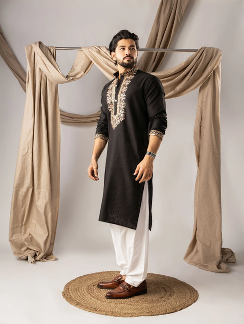 Black Linen Mens Kurta With Payjama - Detail View | Samyak Fashion