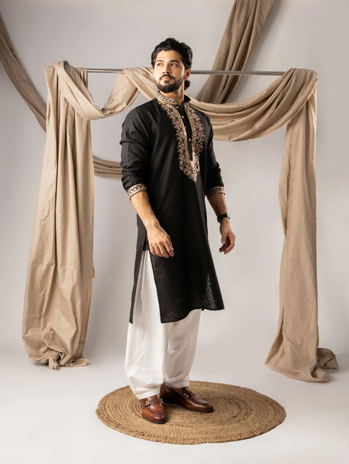 Black Linen Mens Kurta With Payjama - Close-up View | Samyak Fashion