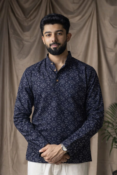 Black Linen Mens Short Kurta - Front View | Samyak Fashion