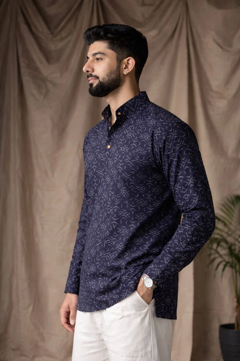 Black Linen Mens Short Kurta - Side View | Samyak Fashion