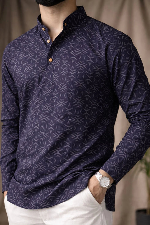Black Linen Mens Short Kurta - Detail View | Samyak Fashion