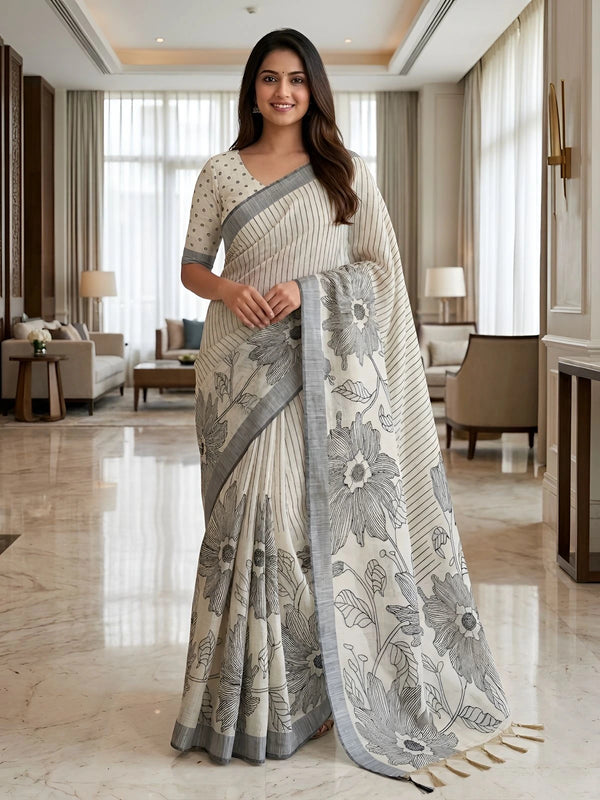 Black Linen Saree With Blouse - Front View | Samyak Fashion