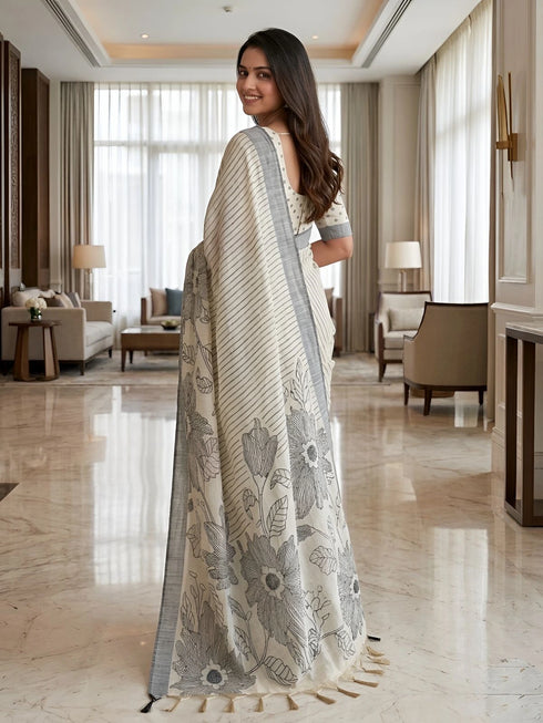Black Linen Saree With Blouse - Back View | Samyak Fashion