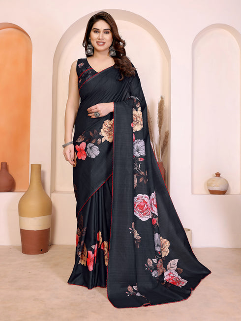 Black Manipuri Silk Elegant Party Wear Saree Collection With Blouse - Front View | Samyak Fashion