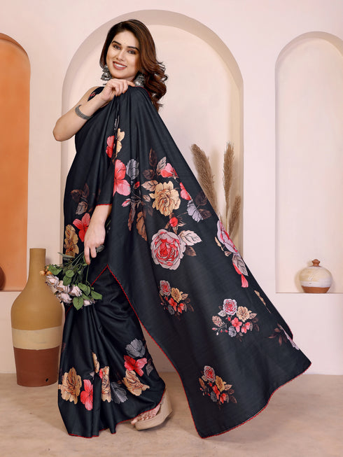 Black Manipuri Silk Elegant Party Wear Saree Collection With Blouse - Side View | Samyak Fashion