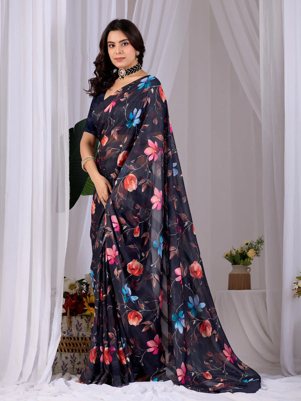Black Monsoon Georgette Silk Party Wear Saree With Blouse - Front View | Samyak Fashion