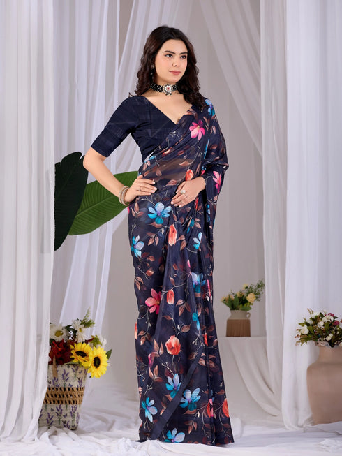 Black Monsoon Georgette Silk Party Wear Saree With Blouse - Side View | Samyak Fashion