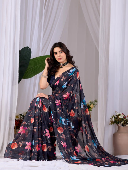 Black Monsoon Georgette Silk Party Wear Saree With Blouse - Detail View | Samyak Fashion
