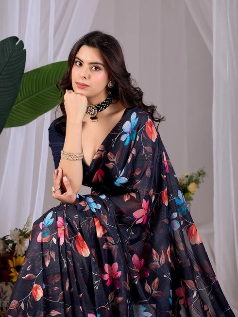 Black Monsoon Georgette Silk Party Wear Saree With Blouse - Full View | Samyak Fashion