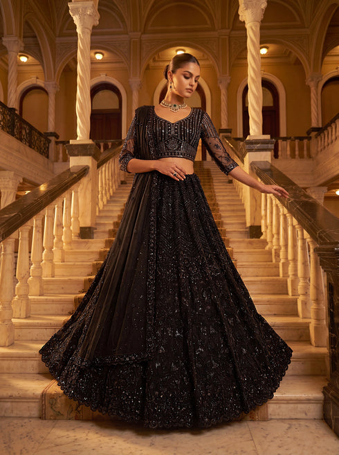 Black Net Lehenga Choli Designed Pattern Sequance,jari,thread Embroidered, Hand Work - Side View | Samyak Fashion