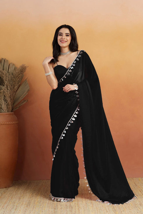 Black Organza Saree With Blouse - Front View | Samyak Fashion