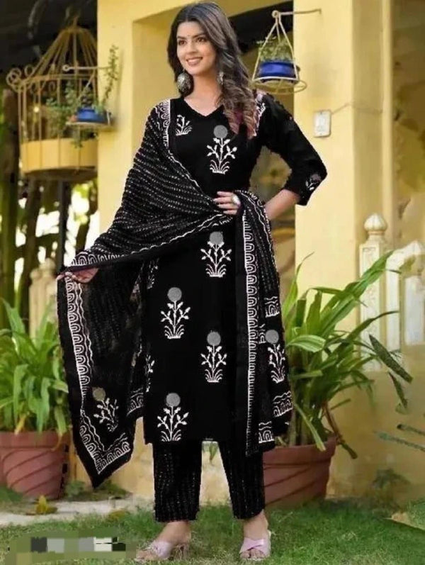 Black Poly Rayon Salwar Suit - Front View | Samyak Fashion