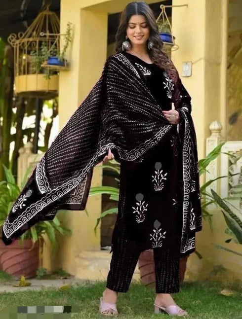 Black Poly Rayon Salwar Suit - Back View | Samyak Fashion