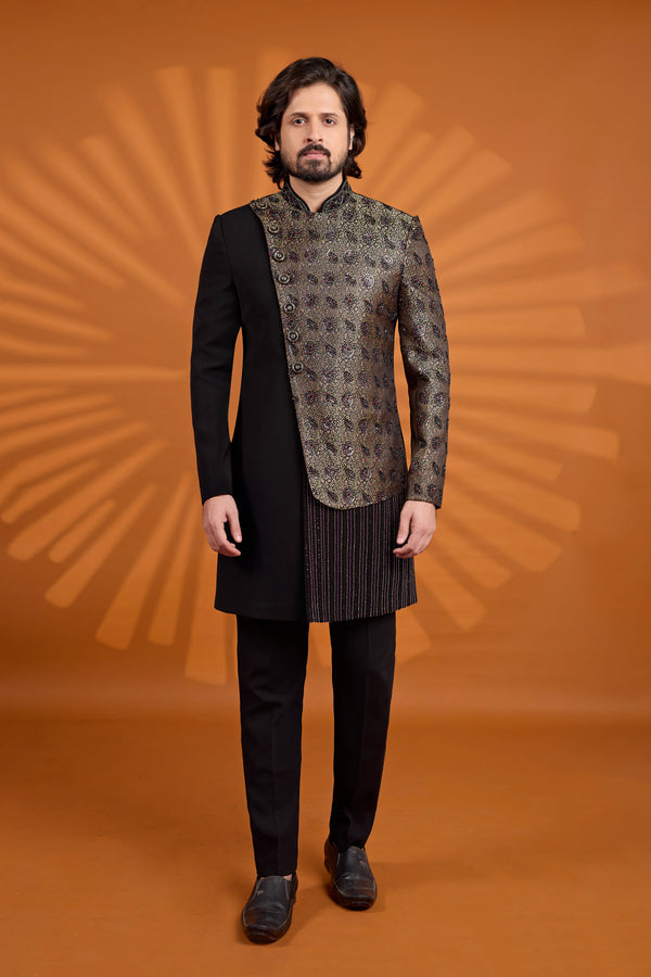 Black Pure Banarasi Jacqurd Fabric/imported Fabric Mens Premium Men's Sherwani - Front View | Samyak Fashion