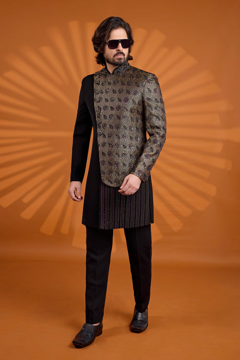 Black Pure Banarasi Jacqurd Fabric/imported Fabric Mens Premium Men's Sherwani - Back View | Samyak Fashion