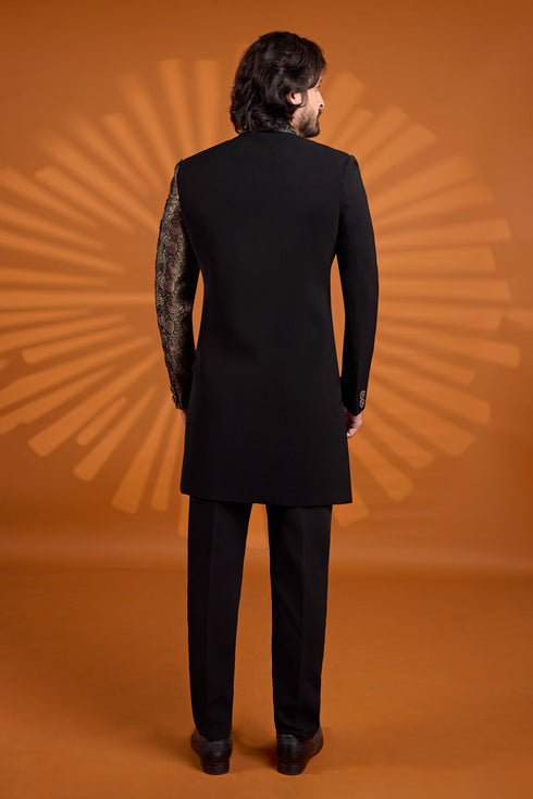 Black Pure Banarasi Jacqurd Fabric/imported Fabric Mens Premium Men's Sherwani - Side View | Samyak Fashion